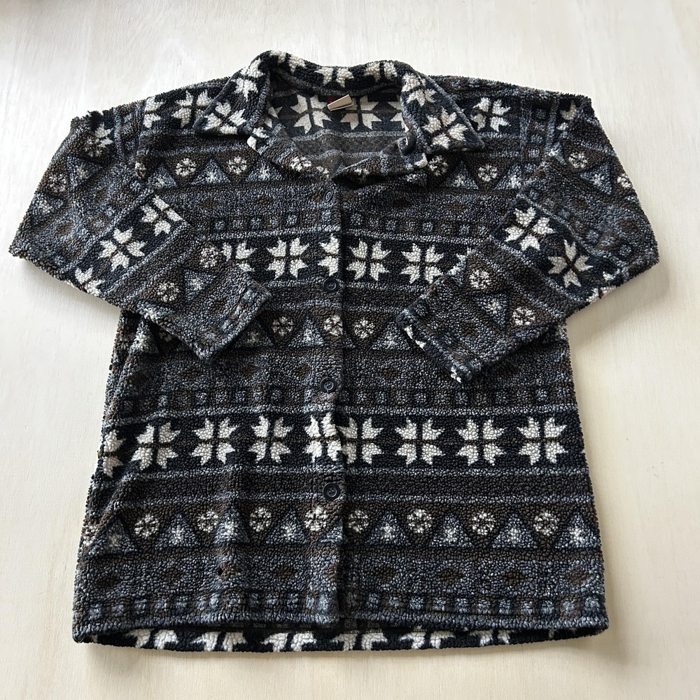 Vintage 90s Palmetto's Cardigan Sweater Women Large Gray Fair Isle Collared Knit